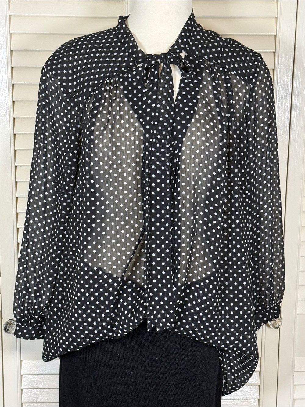 Peter Nygard Vintage Polka Dot Tie Neck Bow Blouse Sheer Size 18 - Picture 3 of 8